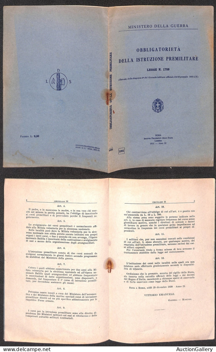 Regno - Documenti/Varie - 1931 – Obbligatorietà Della Istruzione Premilitare – Ministero Della Guerra – Opuscolo In Otta - Autres & Non Classés