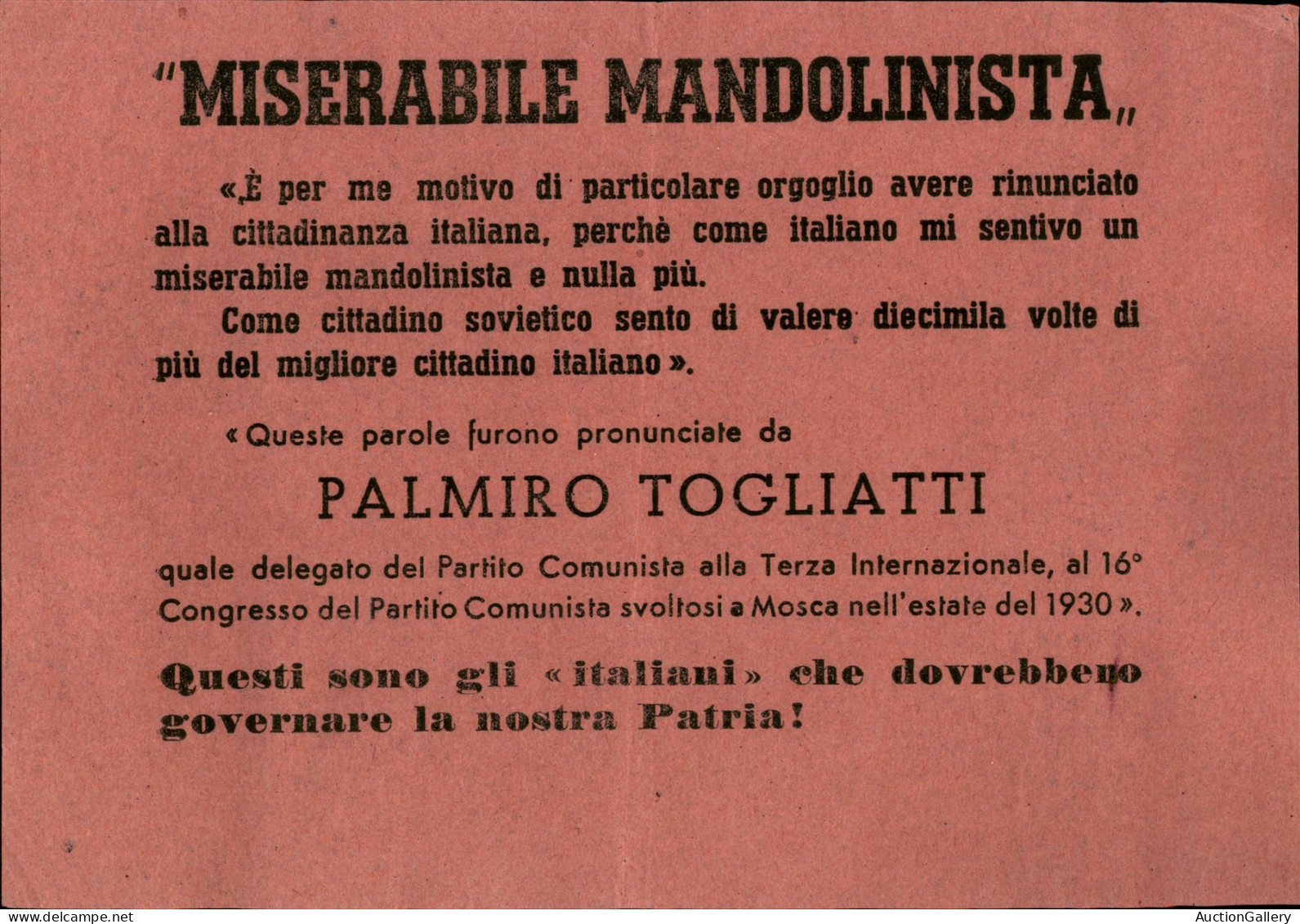 Regno - Volantini Lanciati Da Aereo - Miserabile Mandolinista - Palmiro Togliatti - Volantino Carta Rosa - Other & Unclassified