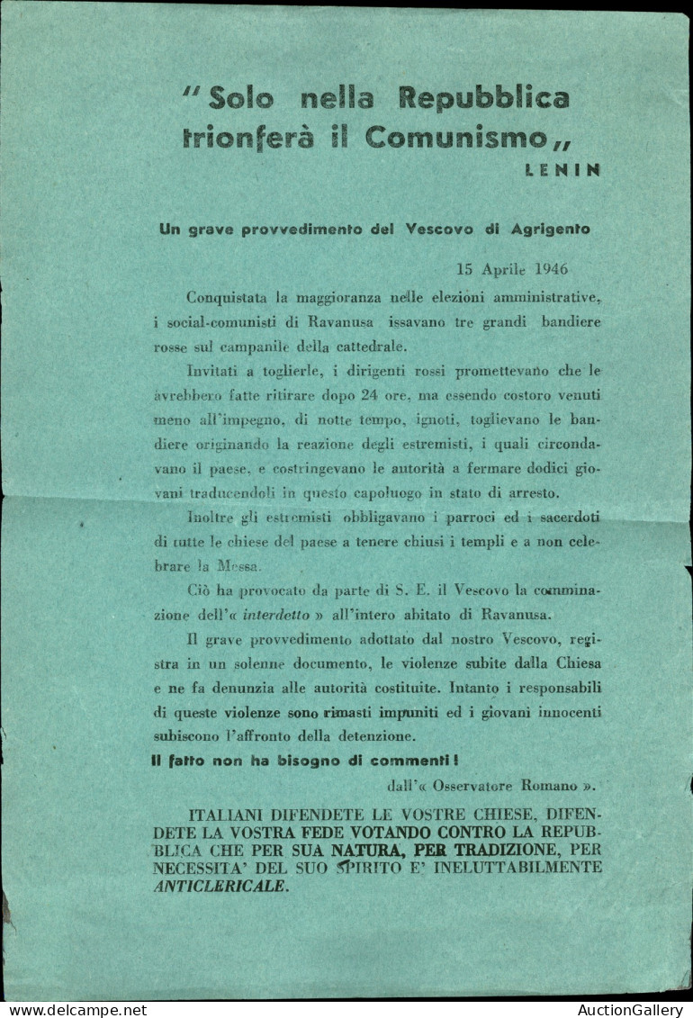 Regno - Volantini Lanciati Da Aereo - 1946 - Solo Nella Repubblica Trionferà Il Comunismo - Volantino Su Carta Verde - Autres & Non Classés