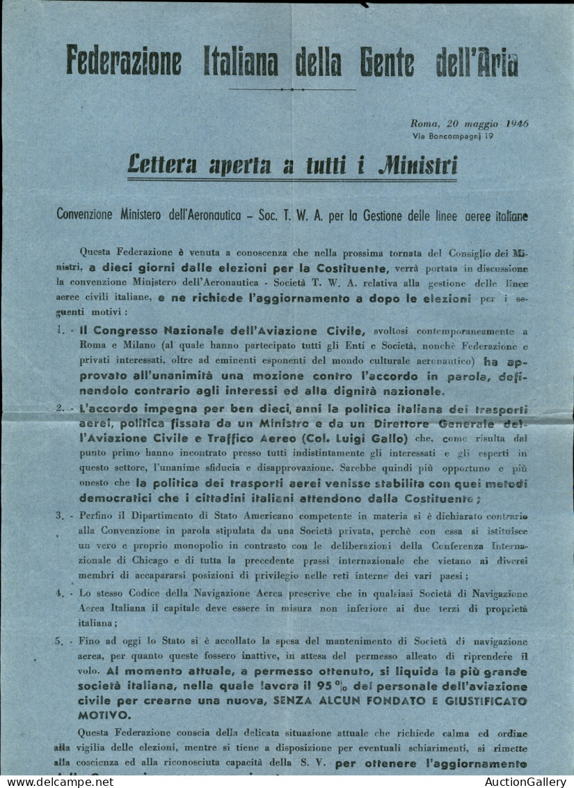Regno - Volantini Lanciati Da Aereo - 1946 - Roma 20 Maggio - Federazione Italiana Della Gente Dell'Aria - Convenzione C - Autres & Non Classés
