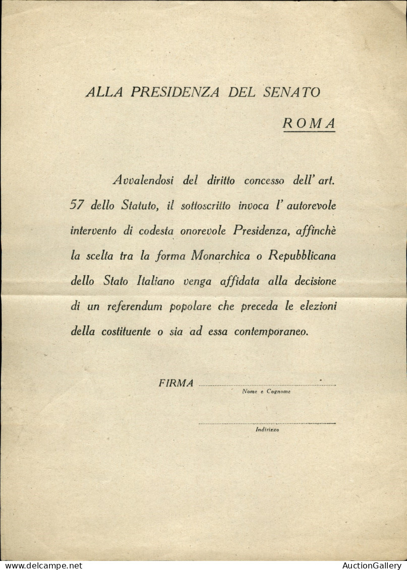 Regno - Volantini Lanciati Da Aereo - 1946 - Alla Presidenza Del Senato - Roma - Richiesta Di Referendum - Volantino Su  - Andere & Zonder Classificatie