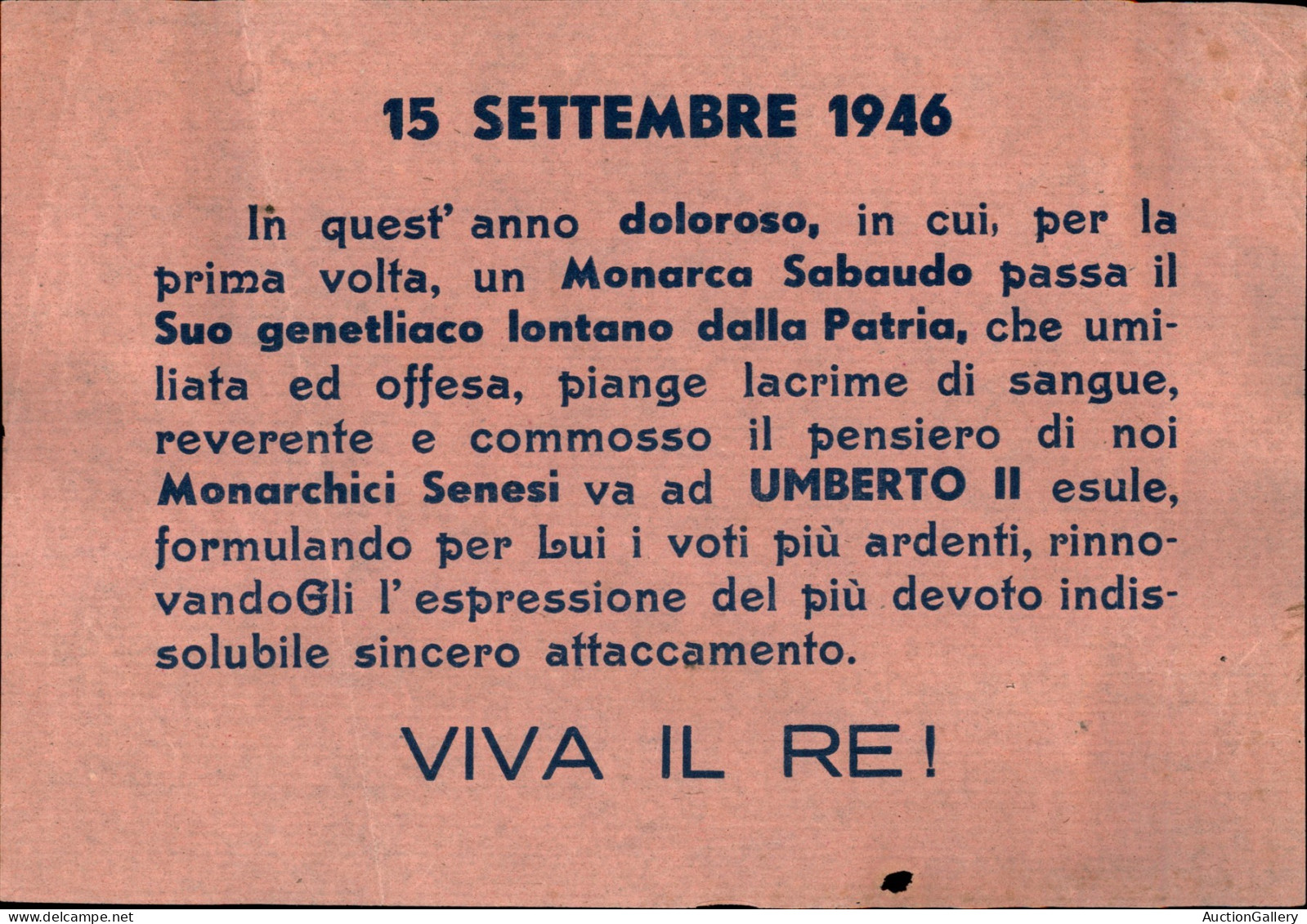 Regno - Volantini Lanciati Da Aereo - 1946 - 15 Settembre - Viva Il Re! - Volantino Su Carta Salmone - Andere & Zonder Classificatie
