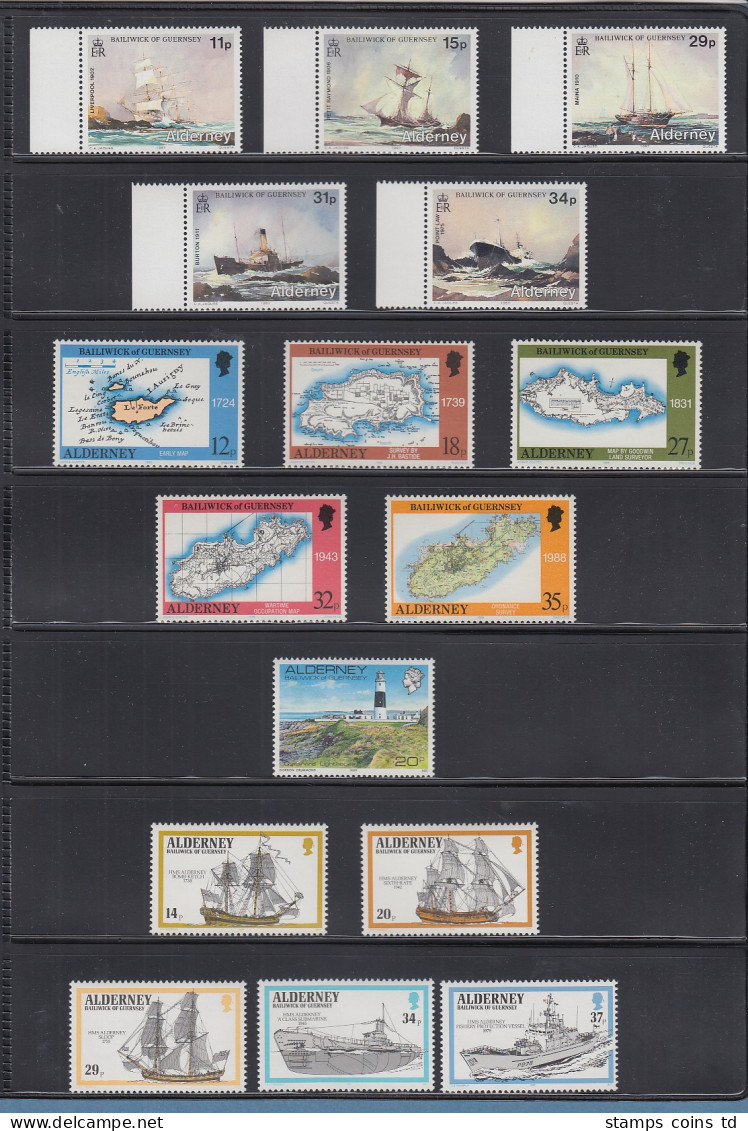 Guernsey-ALDERNEY Kleine Sammlung 1983-2000 (Aug.) Kpl. ** 164 Marken, 8 Blocks - Guernesey