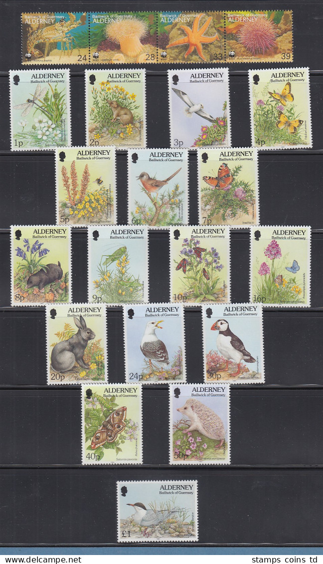 Guernsey-ALDERNEY Kleine Sammlung 1983-2000 (Aug.) Kpl. ** 164 Marken, 8 Blocks - Guernesey