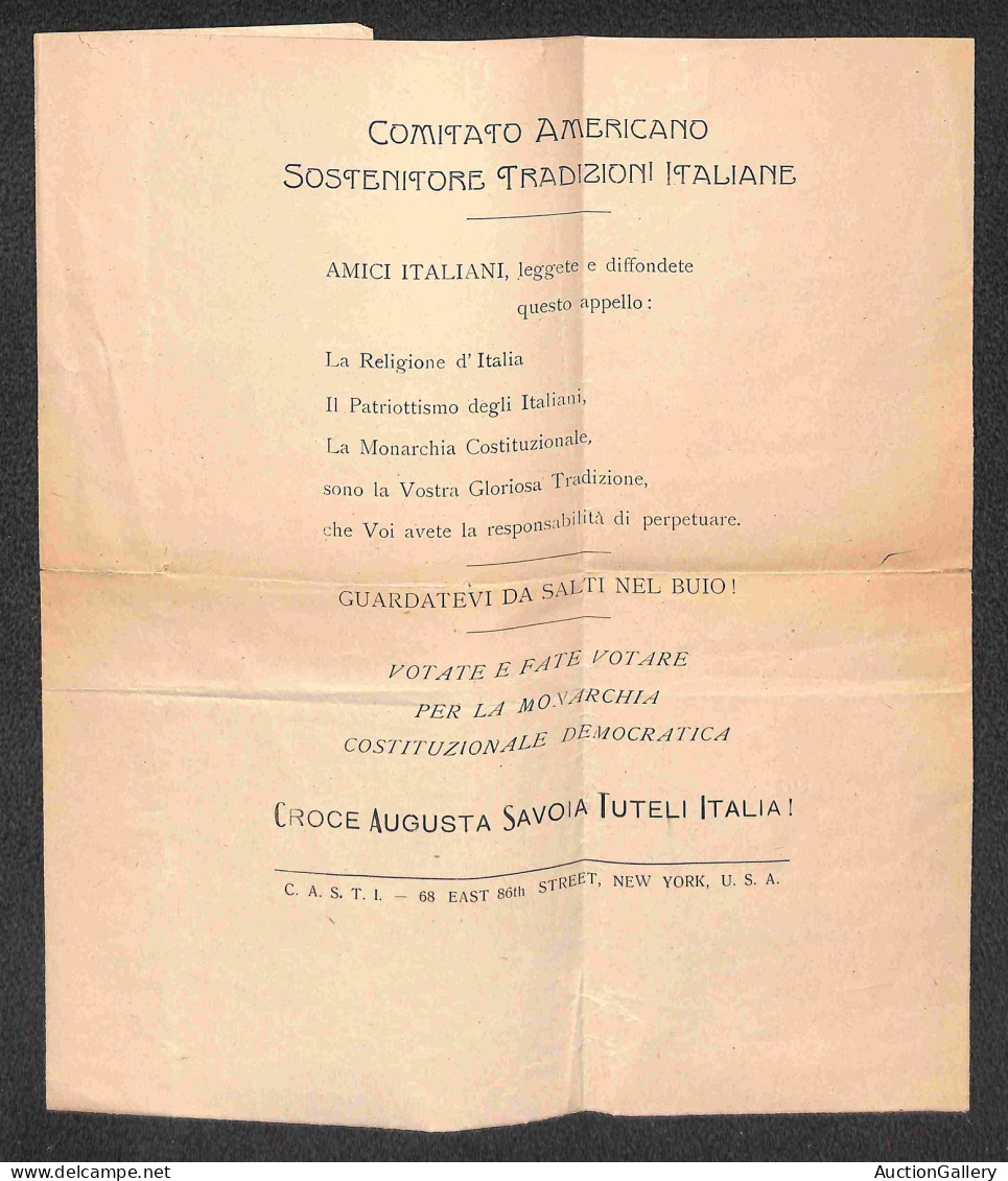 Regno - Volantini Lanciati Da Aereo - 1946 - Comitato Americano Sostenitore Tradizioni Italiane - Votate Per La Monarchi - Autres & Non Classés