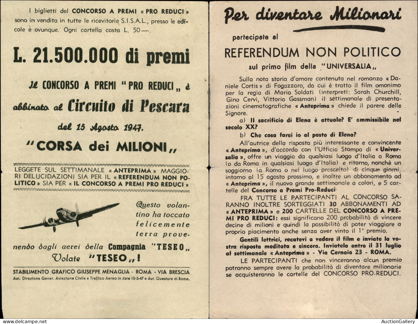 Regno - Volantini Lanciati Da Aereo - 1947 (15 Agosto) - Concorso A Premi "Pro Reduci" - Circuito Di Pescara - Volantino - Andere & Zonder Classificatie