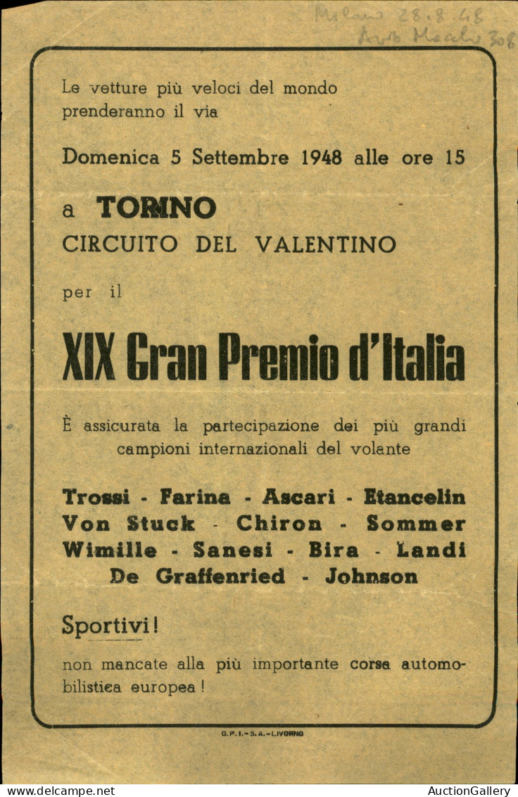 Regno - Volantini Lanciati Da Aereo - 1948 (5 Settembre) - Circuito Del Valentino - Torino XIX Gran Premio D'Italia - Vo - Sonstige & Ohne Zuordnung