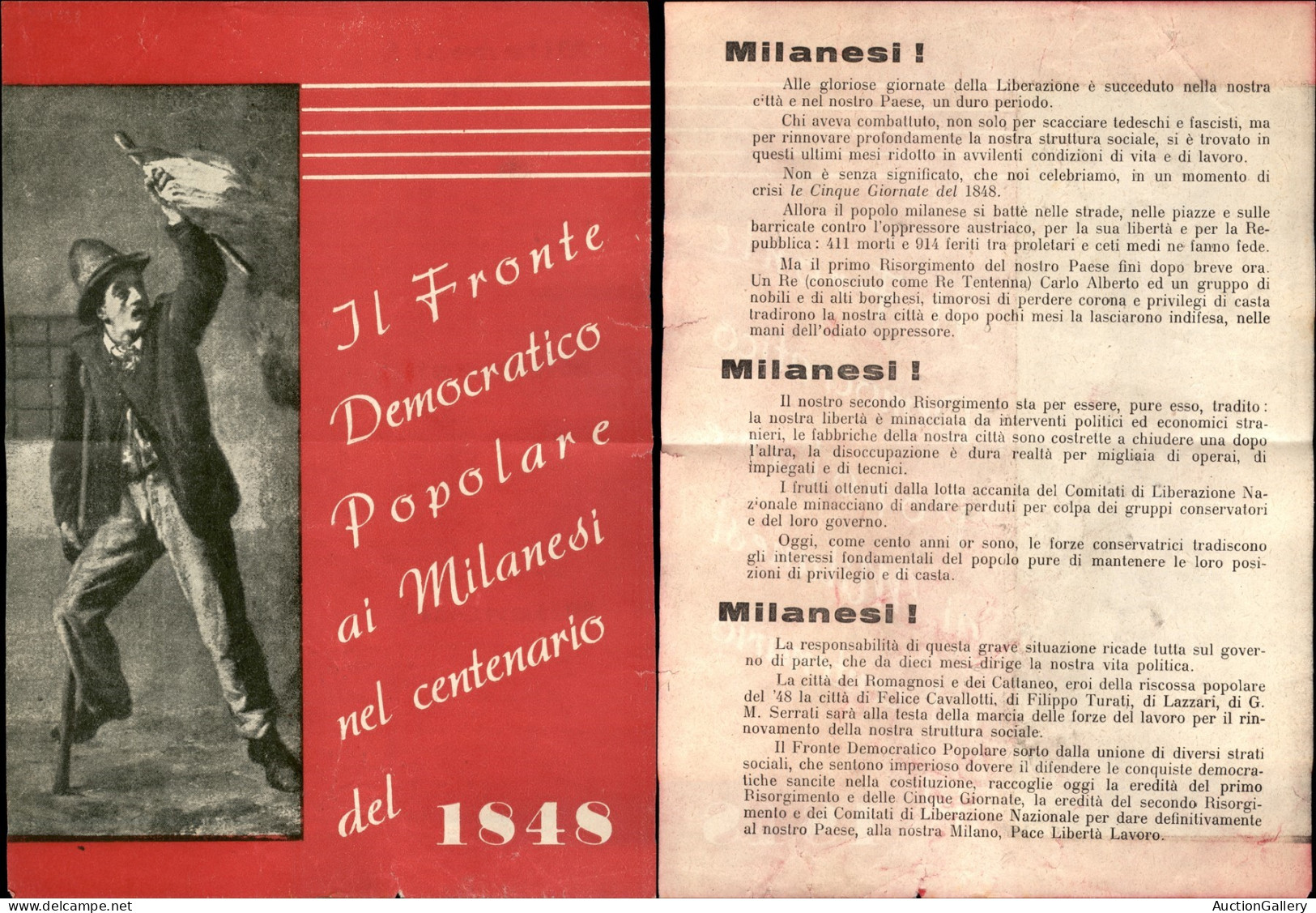 Regno - Volantini Lanciati Da Aereo - 1948 - Il Fronte Democratico Popolare Ai Milanesi Nel Centenario Del 1848 - Volant - Otros & Sin Clasificación