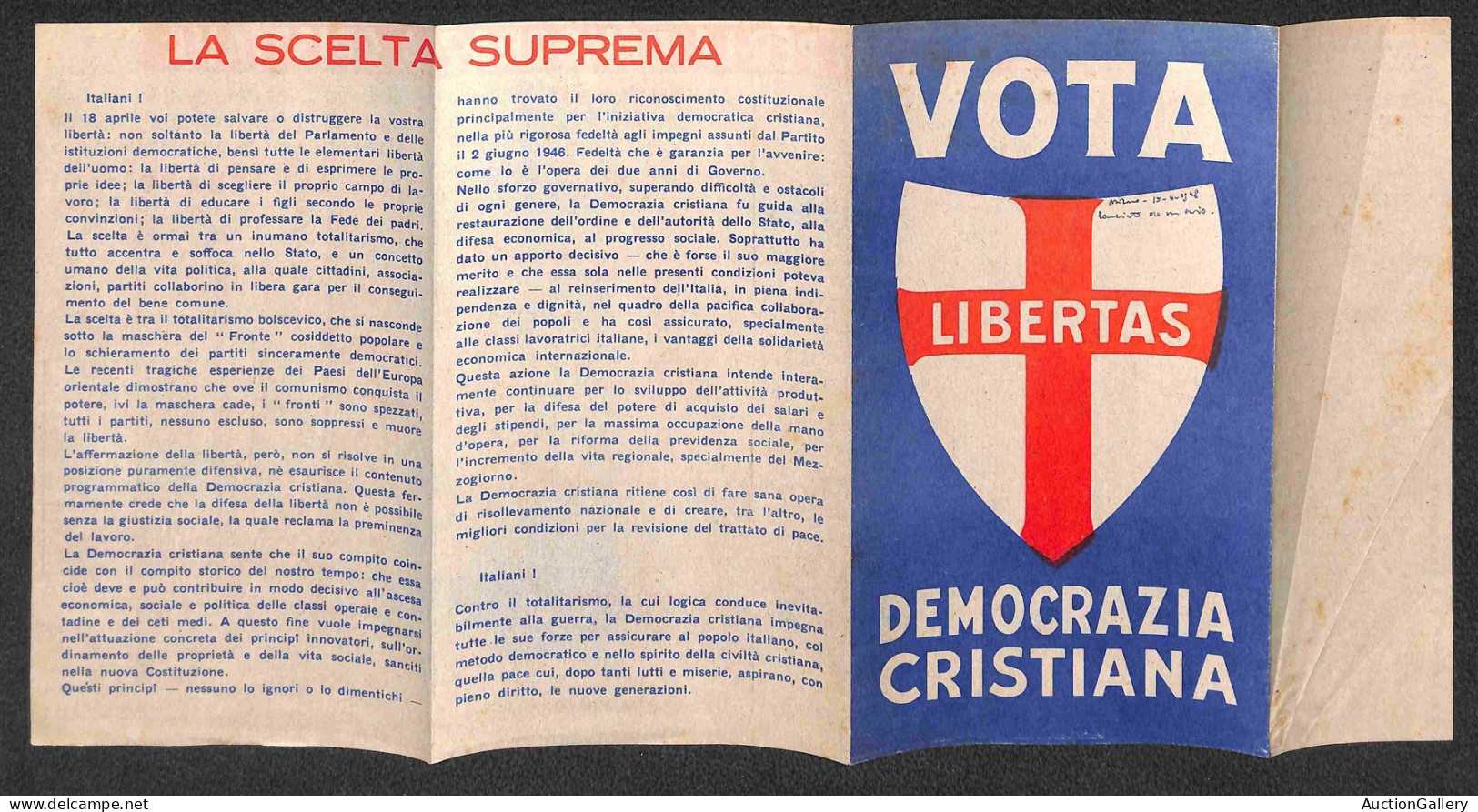 Regno - Volantini Lanciati Da Aereo - 1948 - Vota Libertas - Democrazia Cristiana - Milano - Volantino Pieghevole Con Fa - Other & Unclassified