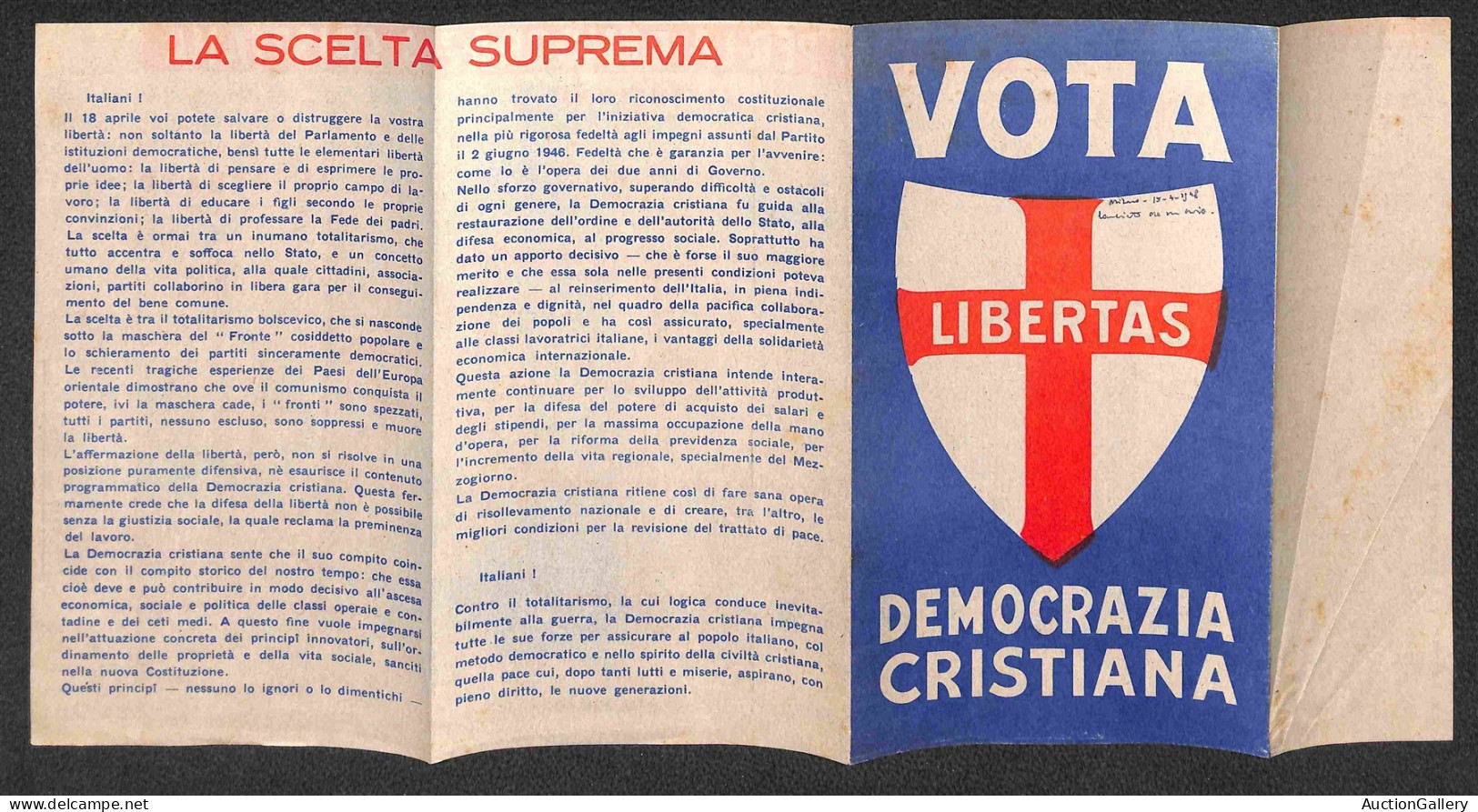 Regno - Volantini Lanciati Da Aereo - 1948 - Vota Libertas - Democrazia Cristiana - Milano - Volantino Pieghevole Con Fa - Sonstige & Ohne Zuordnung