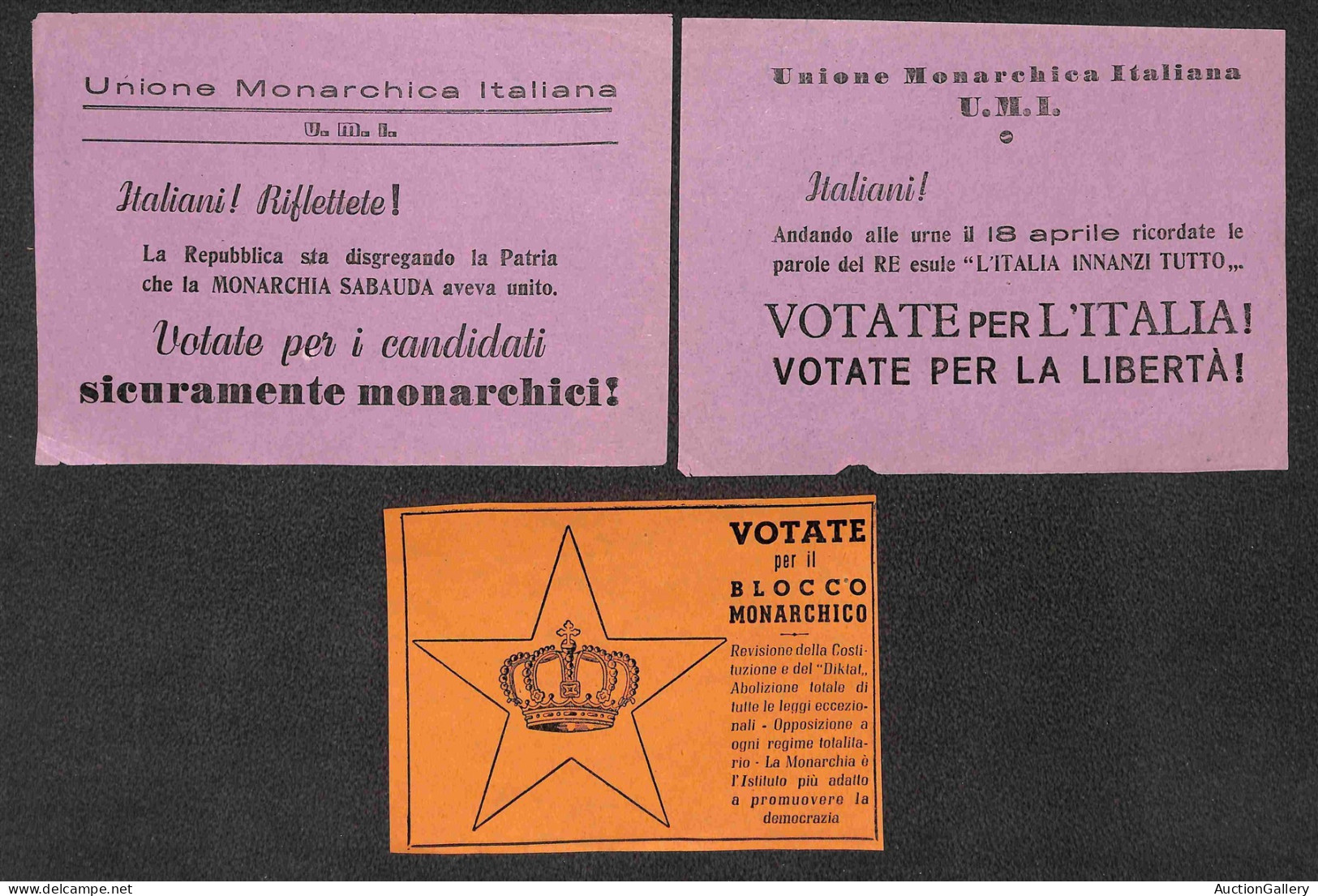 Regno - Volantini Lanciati Da Aereo - 1948 - Unione Monarchica Italiana - Tre Volantini Elettorali Diversi - Andere & Zonder Classificatie