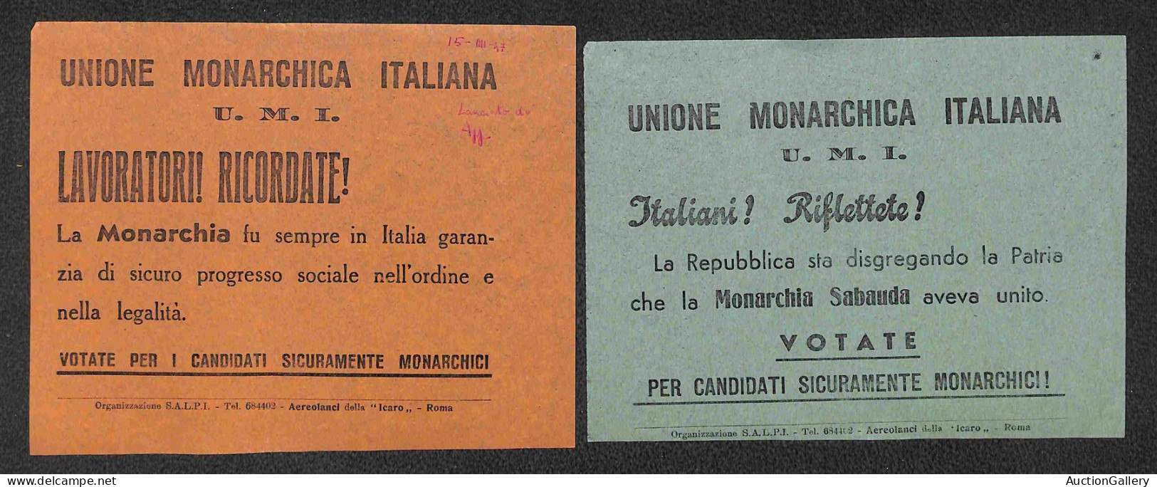 Regno - Volantini Lanciati Da Aereo - 1948 - Unione Monarchica Italiana - Due Volantini Elettorali Diversi - Aerolanci D - Autres & Non Classés