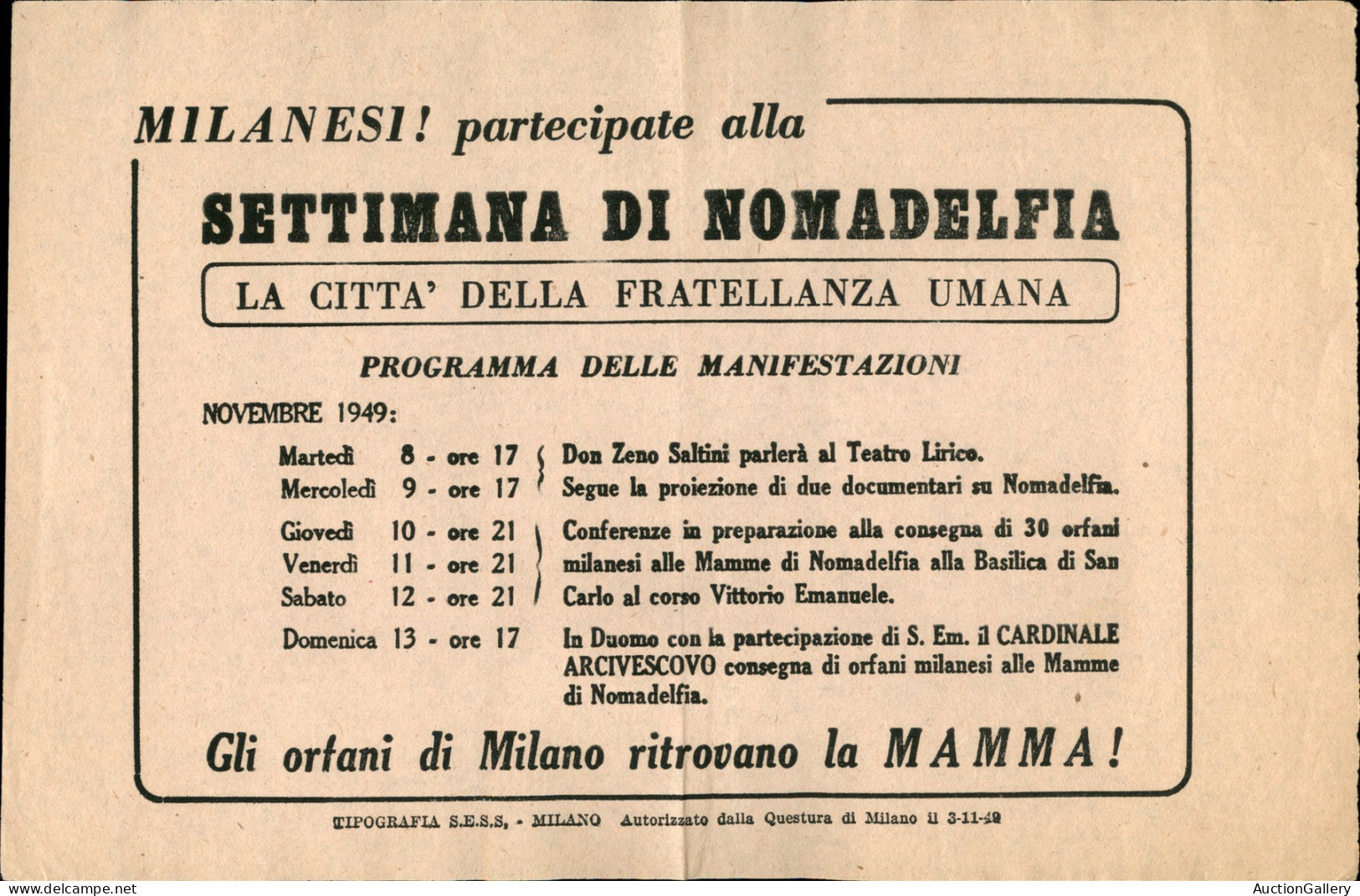 Regno - Volantini Lanciati Da Aereo - 1949 - Milano Settimana Del Normadelfia - Volantino Della Manifestazione - Otros & Sin Clasificación