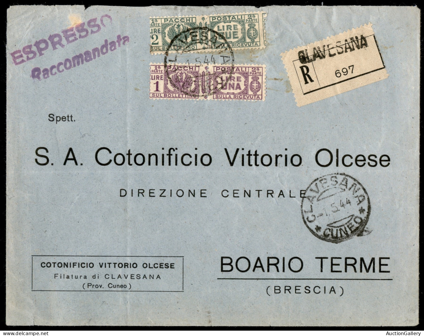 RSI - Raccomandata Espresso  Da Clavesana Del 1.5.44 Per Boario Terme Affrancata Con 1 Lira Violetto + 2 Lire Verde Pacc - Autres & Non Classés