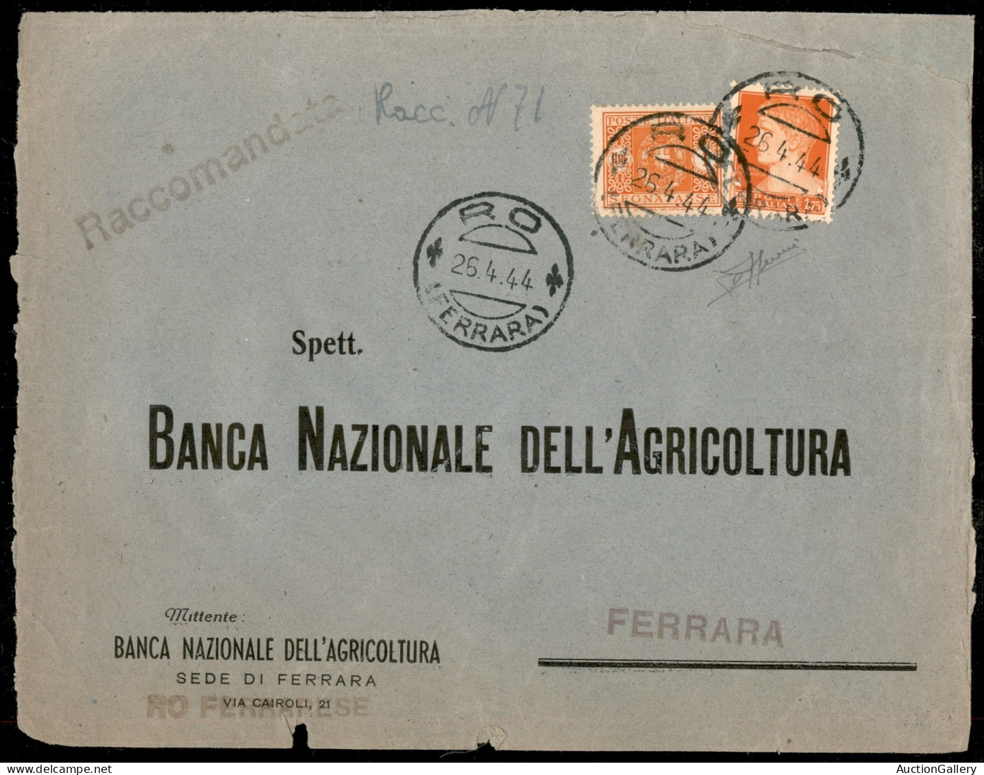 RSI - Raccomandata Con Regno Imperiale 1,75 Lire + 1 Lira Segnatasse Da Ro 26.4.44 Per Ferrara - Sorani - Other & Unclassified