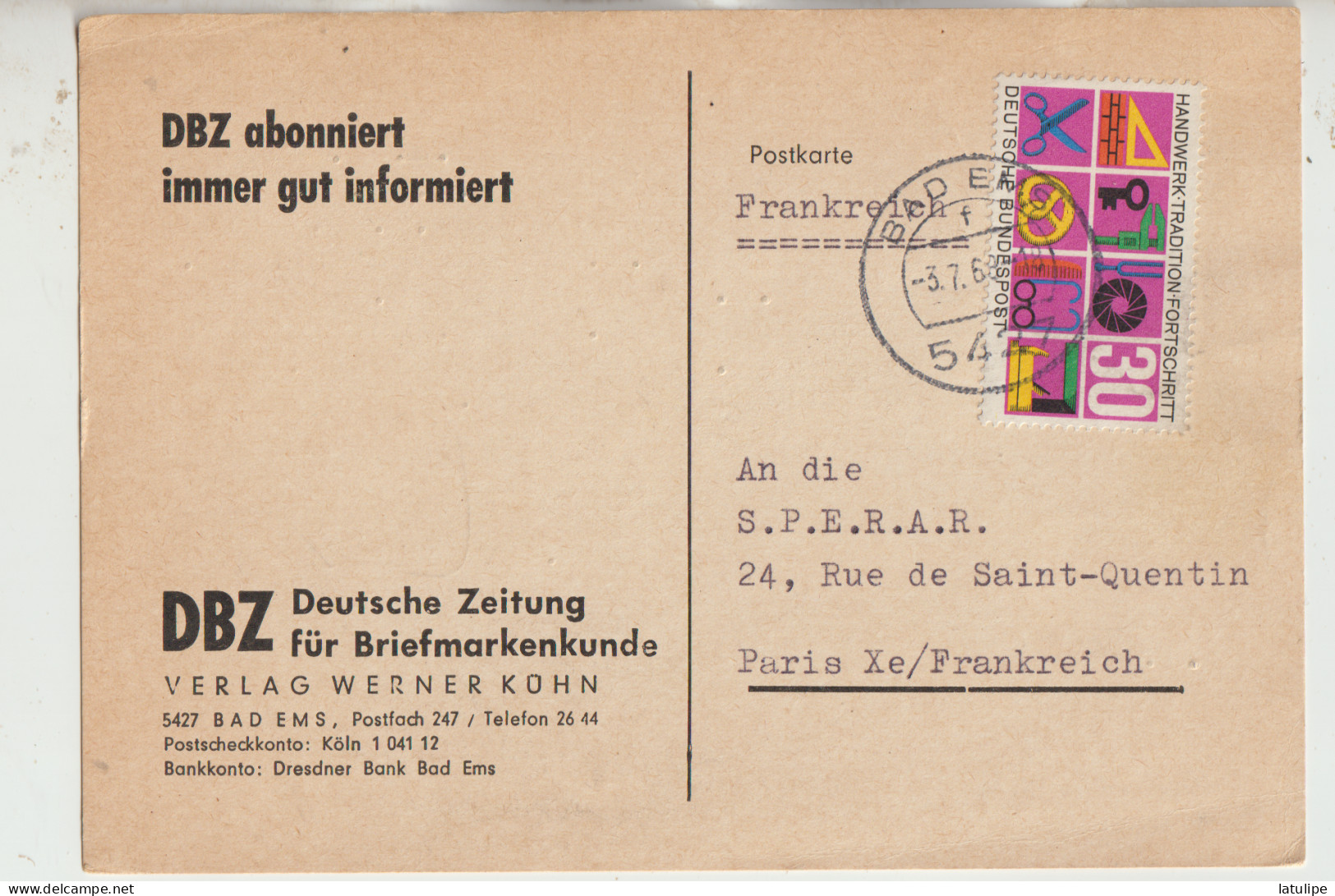 D B Z   Deutsche Zeitung Fur Briefmarkenkunde Carte  Circulée Timbrée _Adressée A  An Die  S P E R A R  A Paris Xe - Te Identificeren