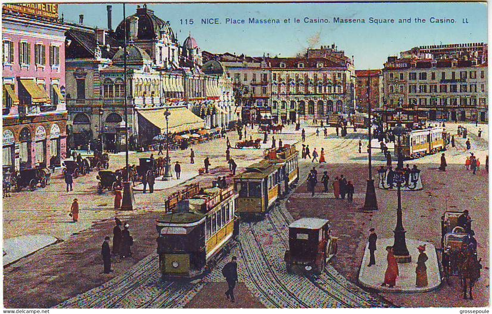 CPA 115 NICE Place Massena Et Casino - Tramways Voiture Calèche Très Animée - Piazze