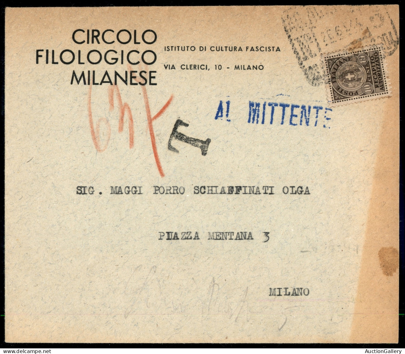 RSI - Definitivi - 10 Cent Recapito (3) Su Busta Per Città (Milano 26.6.44) Respinta E Tassata Al Retro Con Ordinari (49 - Sonstige & Ohne Zuordnung