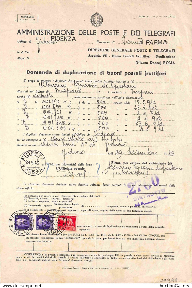 RSI - Documenti/Varie - Imperiale - Coppia Del 50 Cent (251) + 5 Lire (257) - Intera Domanda Di Duplicazione (Mod. B.I.  - Otros & Sin Clasificación