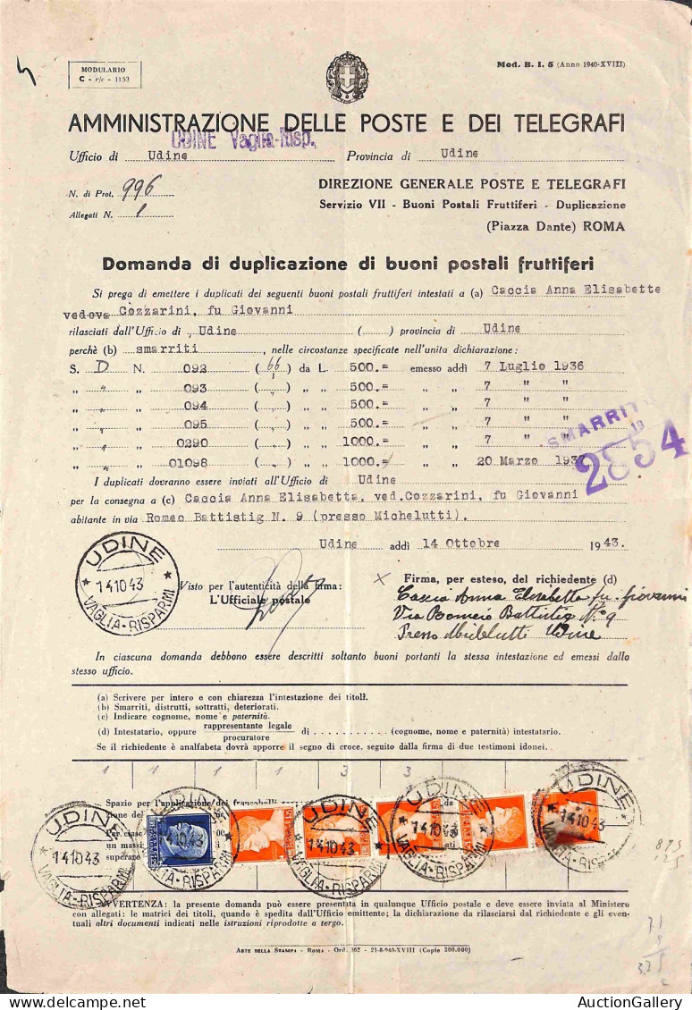 RSI - Documenti/Varie - Imperiale - 1,25 Lire (253) + Cinque 1,75 Lire (254) Su Intera Domanda Di Duplicazione (Mod. B.I - Sonstige & Ohne Zuordnung