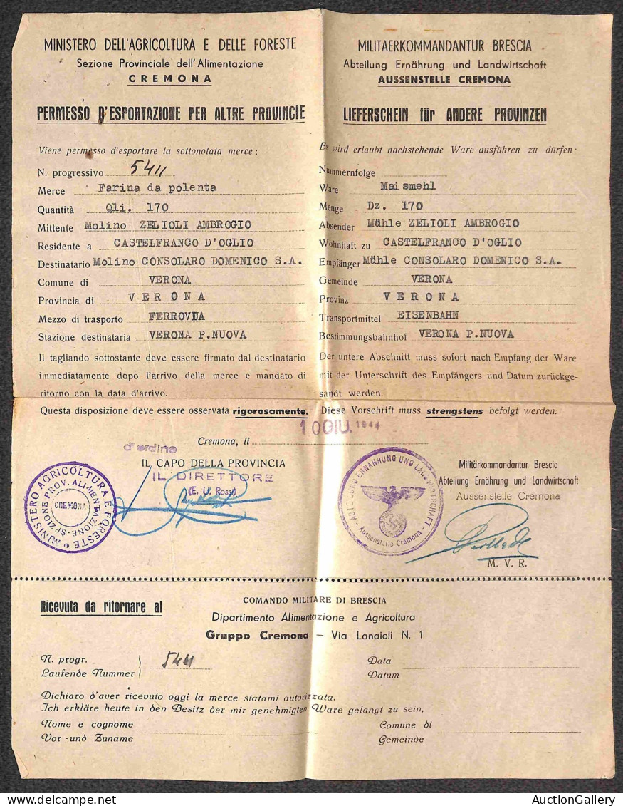 RSI - Documenti/Varie - 1944 (10 Giugno) - Ministero Agricoltura/Permesso D'Esportazione - Intero Documento Per Spedizio - Other & Unclassified