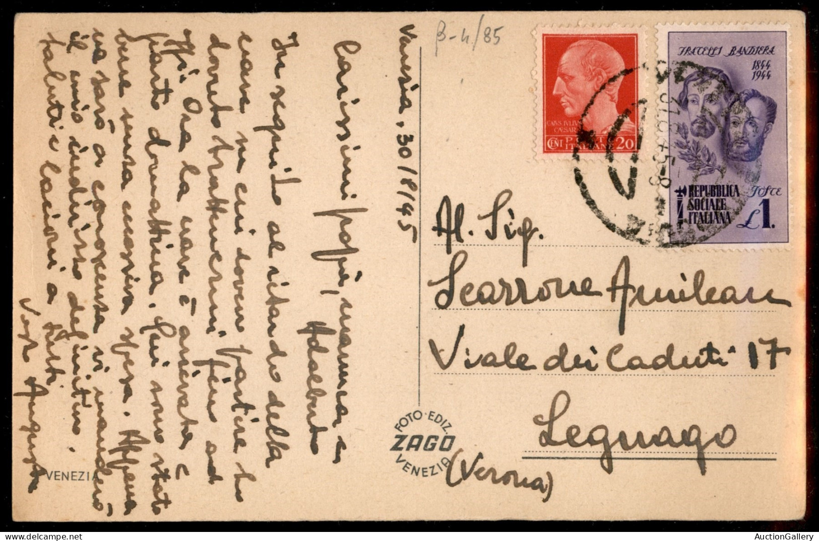 Luogotenenza - 1 Lira Bandiera + 20 Cent Imperiale Su Cartolina Da Venezia Del 31.8.45 Per Legnago - Sonstige & Ohne Zuordnung