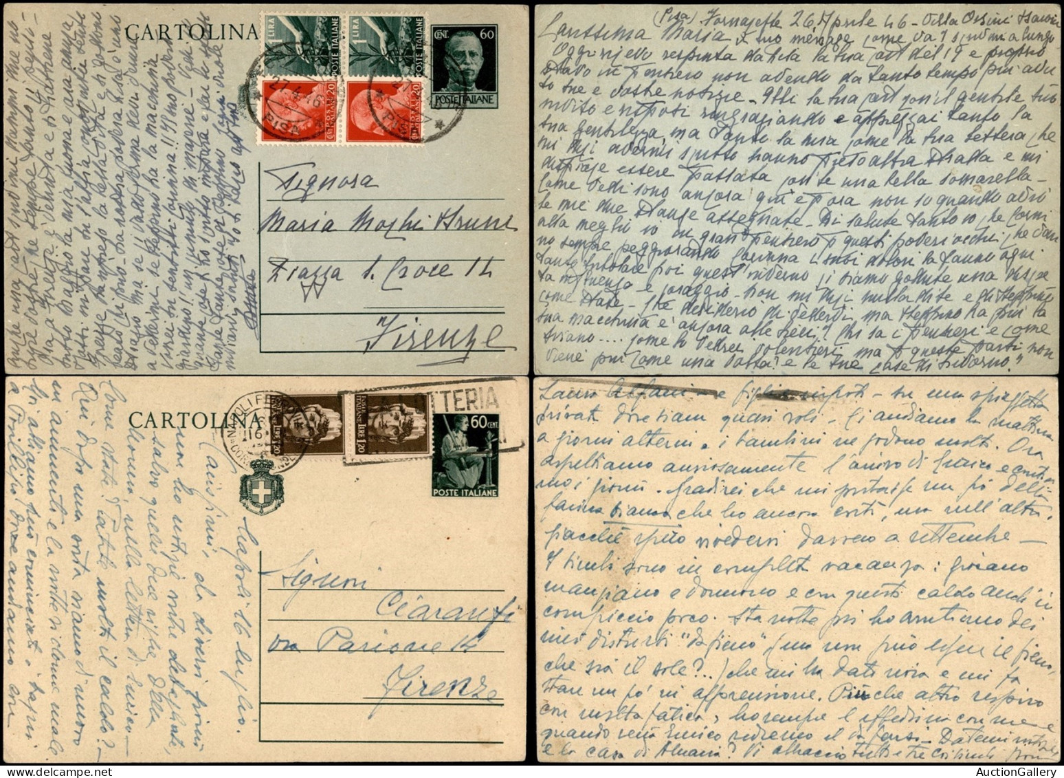 Luogotenenza - 1946 – Due Cartoline Postali (113A + 126A) Con Complementari Da Pisa (27.4) E Napoli (16.7) Per Firenze - Autres & Non Classés
