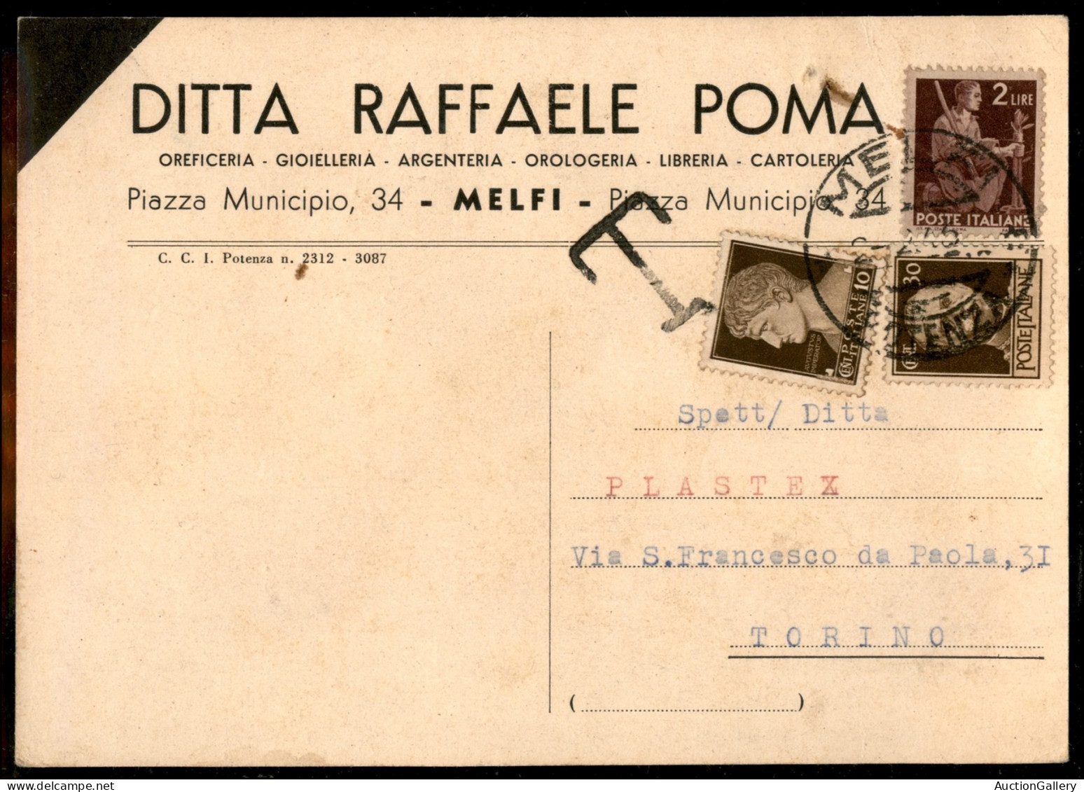 Luogotenenza - Cartolina Tassata Da Melfi Del 2.2.46 Per Torino - Affrancatura Mista Con 10 Cent  + 30 Cent Imperiale Se - Autres & Non Classés
