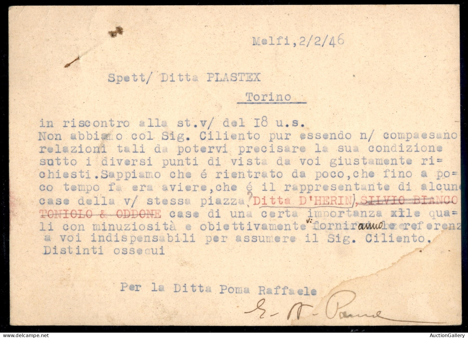 Luogotenenza - Cartolina Tassata Da Melfi Del 2.2.46 Per Torino - Affrancatura Mista Con 10 Cent  + 30 Cent Imperiale Se - Autres & Non Classés