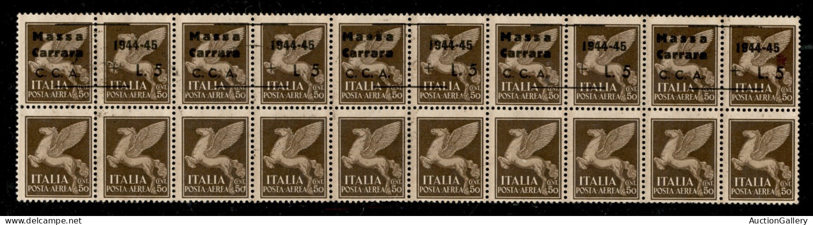 C.L.N. - Massa Carrara - 1945 - 5 Lire Su 50 Cent Aerea (Errani 2+2b+2a+2+2) - Intera Striscia Orizzontale Di Cinque - E - Other & Unclassified