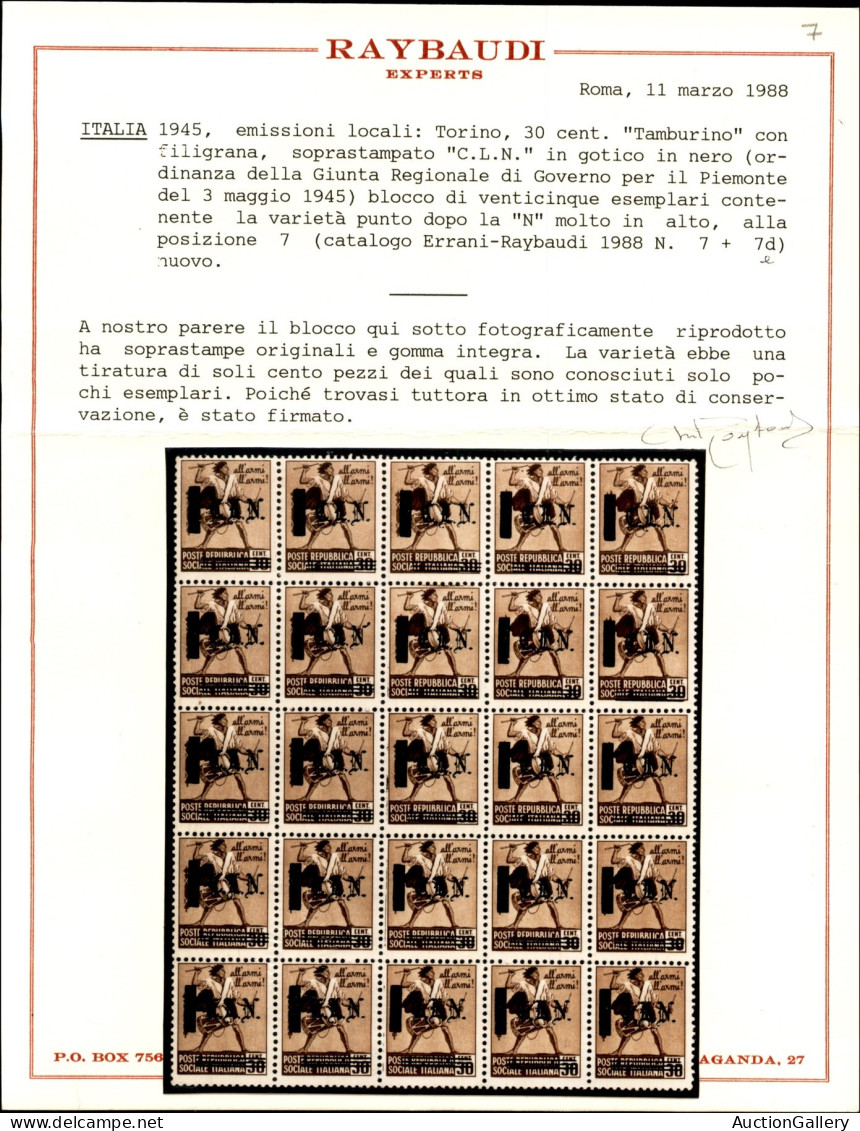 C.L.N. - Torino - 1945 - 30 Cent (Errani 7) - Blocco Di 25 Con N Punto In Alto (7e) In Posizione 7 - Gomma Integra - Cer - Altri & Non Classificati