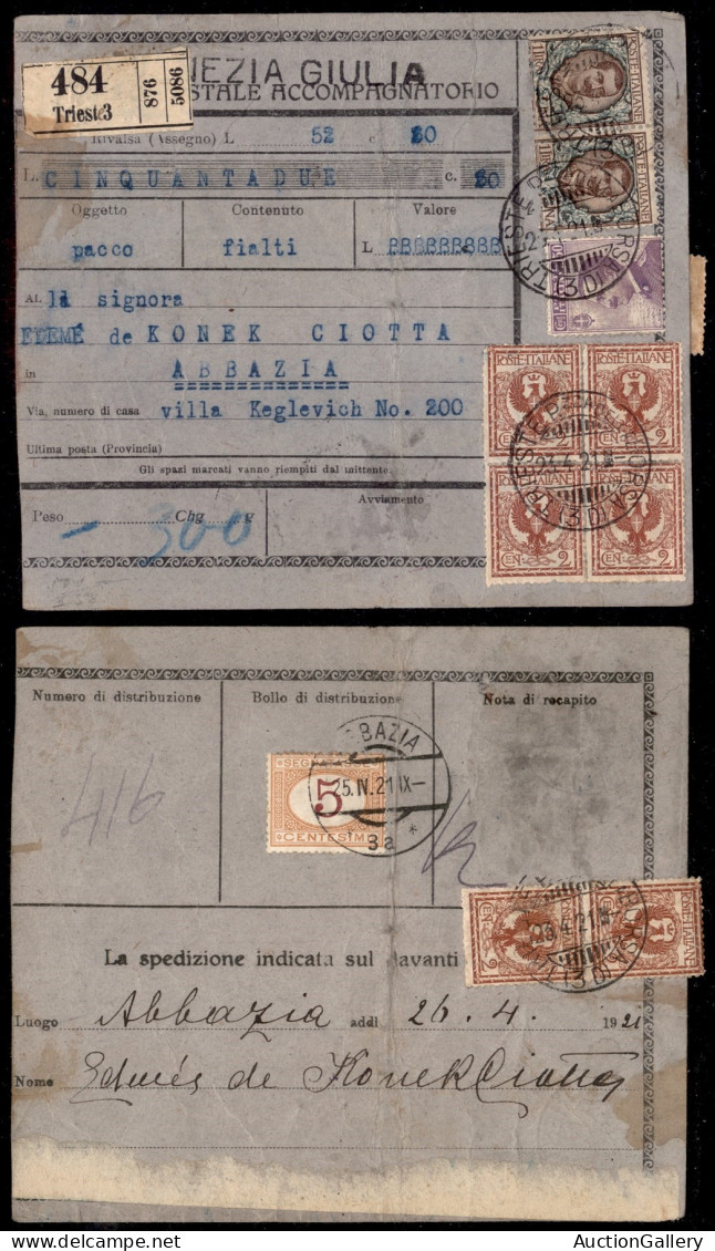 Occupazioni I Guerra Mondiale - Venezia Giulia - Indirizzo Postale Accompagnatorio (3) Da Trieste A Abazia Del 23.4.21 C - Otros & Sin Clasificación