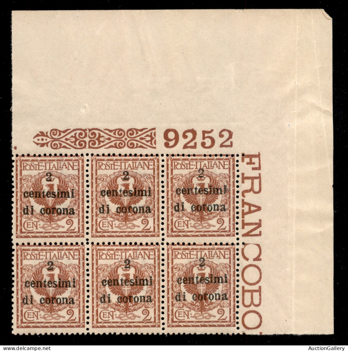 Occupazioni I Guerra Mondiale - Trento E Trieste - 1919 - 2 Cent Su 2 (2) - Blocco Angolare Di 6 Con Numero Di Tavola (9 - Autres & Non Classés