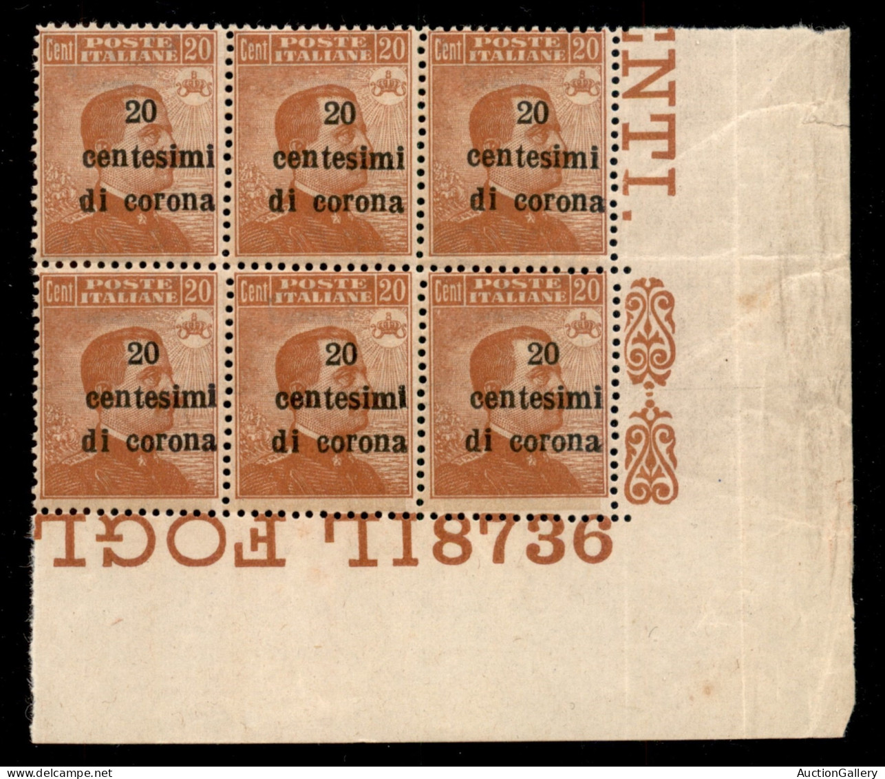 Occupazioni I Guerra Mondiale - Trento E Trieste - 1919 - 20 Cent Su 20 (5) - Blocco Angolare Di 6 Con Numero Di Tavola  - Other & Unclassified