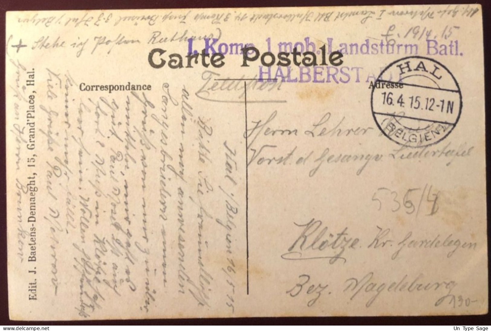 Belgique, Cachet HAL (BELGIEN) 16.4.1915 Sur CPA - (N374) - Altri & Non Classificati