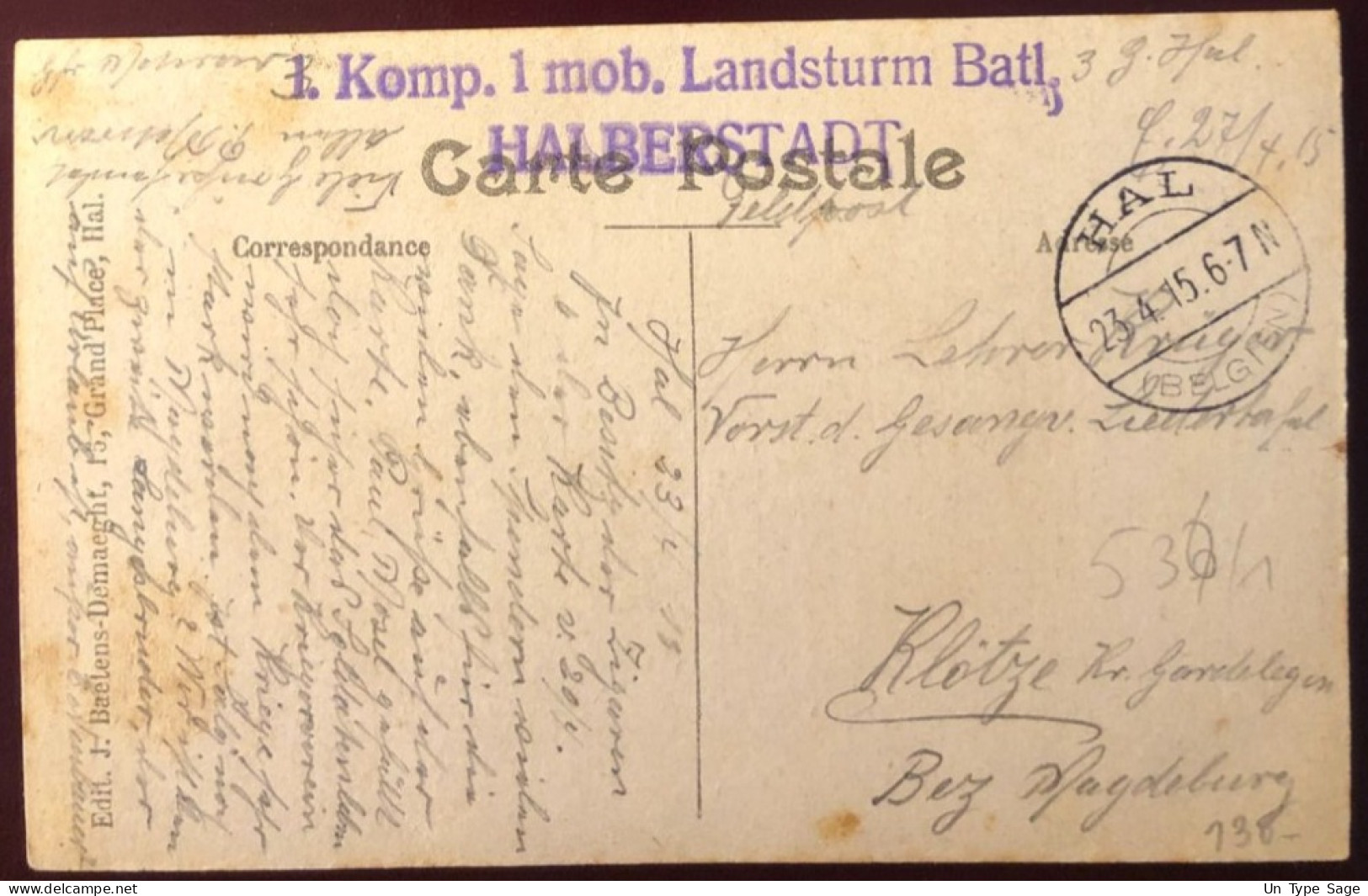 Belgique, Cachet HAL (BELGIEN) 23.4.1915 Sur CPA - (N376) - Other & Unclassified
