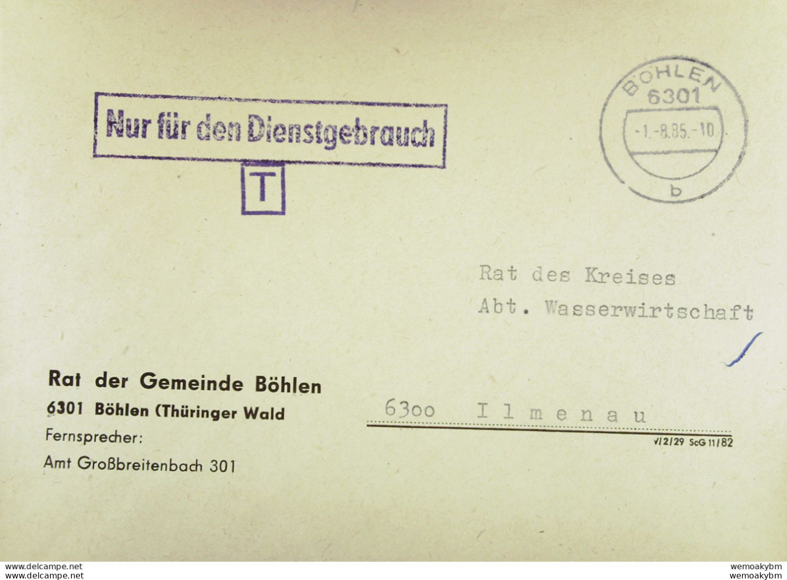 DDR: NfD-Brief Aus BÖHLEN Vom 1.8.85 Abs: Rat Der Gemeinde Böhlen (Thüringer Wald ")" Fehlt! -Amt Großbreitenbach 301 - Lettres & Documents