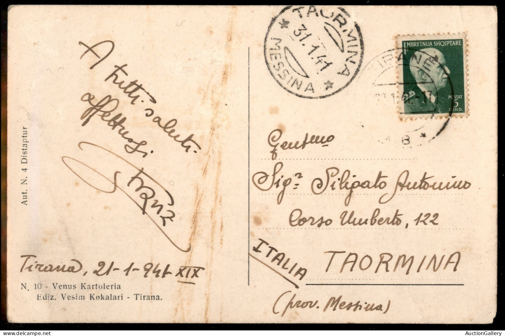 Occupazioni II Guerra Mondiale - Albania - 5 Qind (19) - Cartolina Da Tirana A Taormina Del 22.1.41 - Autres & Non Classés