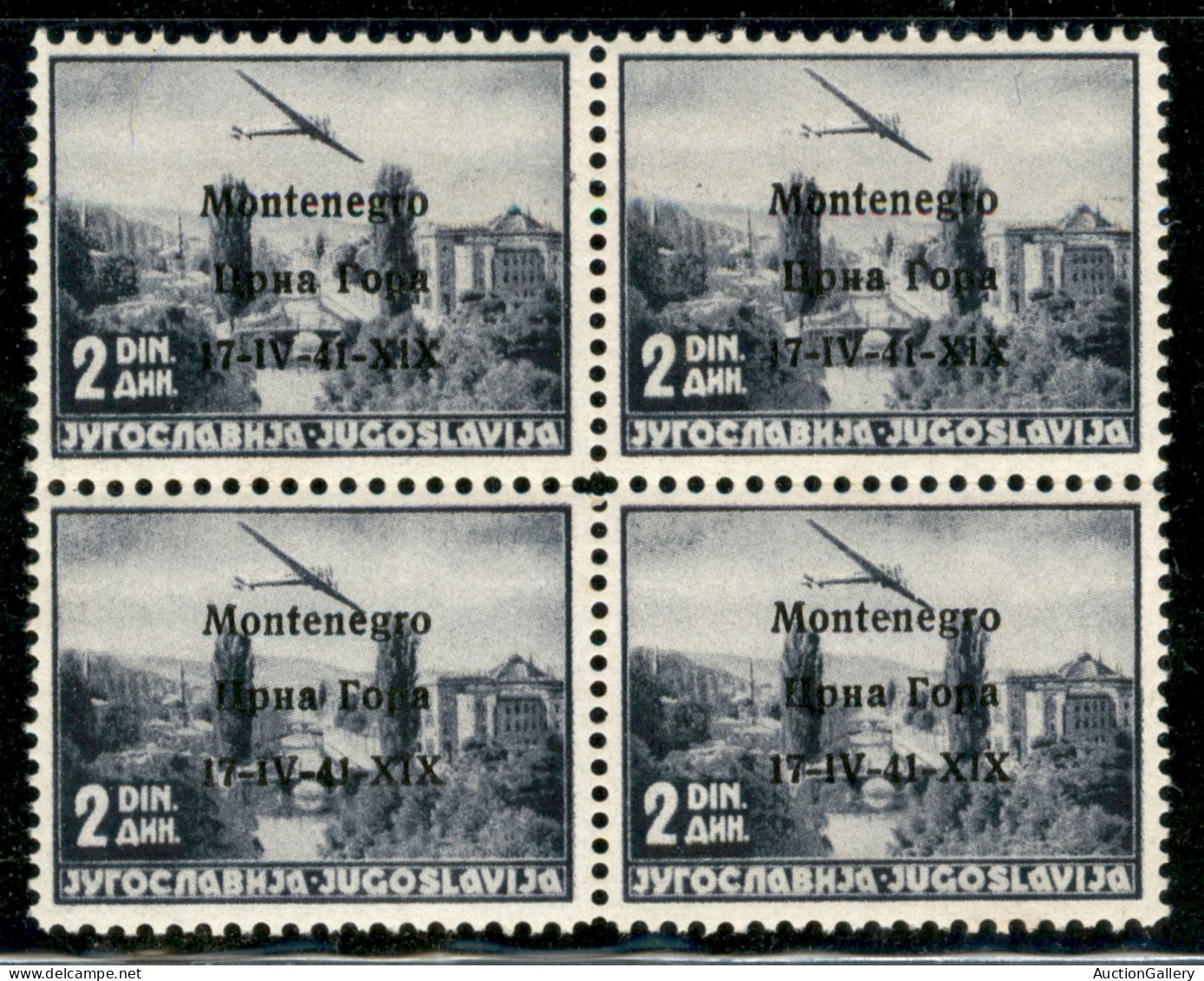 Occupazioni II Guerra Mondiale - Montenegro - 1941 - 2 Din Posta Aerea (3+3g) - Quartina - Errore X1X Nella Coppia Super - Sonstige & Ohne Zuordnung