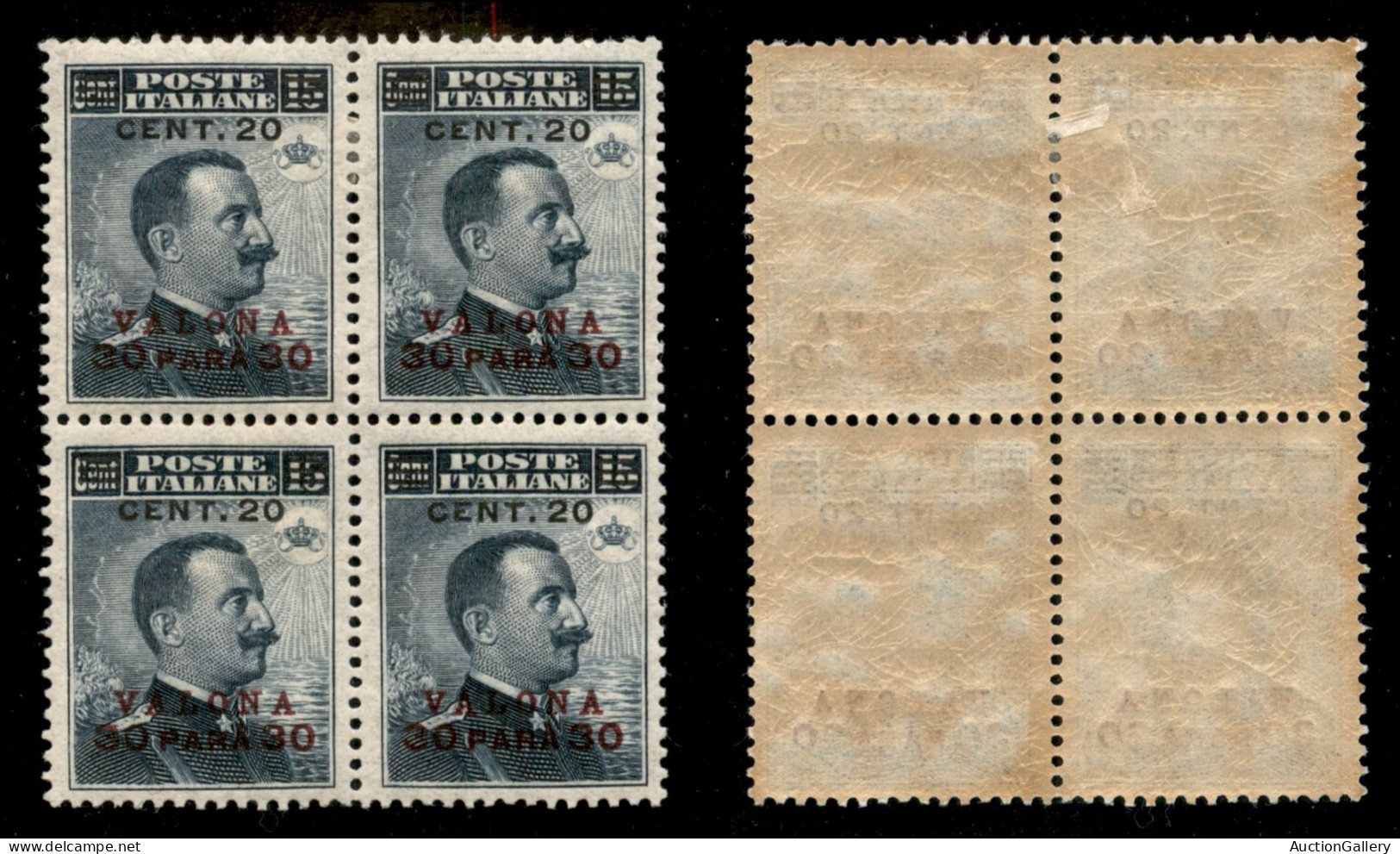 Uffici Postali All'Estero - Levante - Valona - 1916 - 30 Para Su 15 Cent (9A - Rosso Lilla) In Quartina - Gomma Original - Sonstige & Ohne Zuordnung