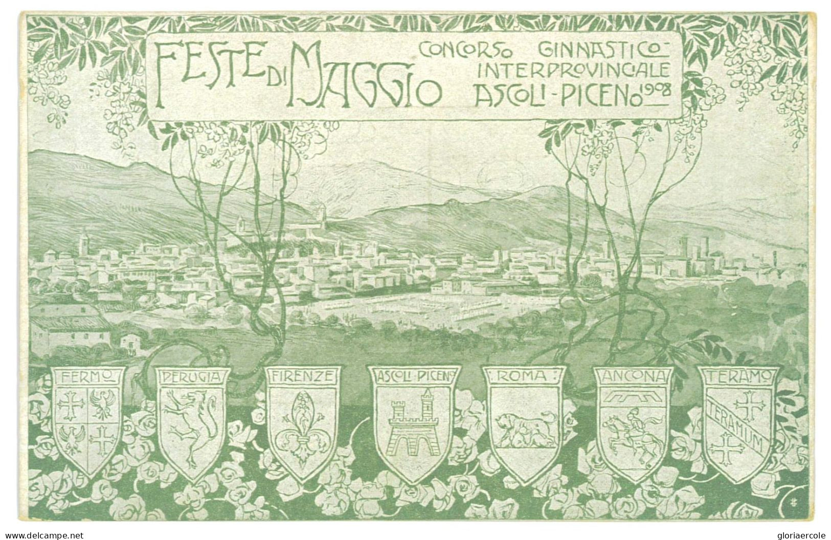 P2979 - ASCOLI PICENO, CARTOLINA ILLUSTRATA PER IL CONCORSO GINNASTICO INTERPROVINCIALE 1908 - Ascoli Piceno