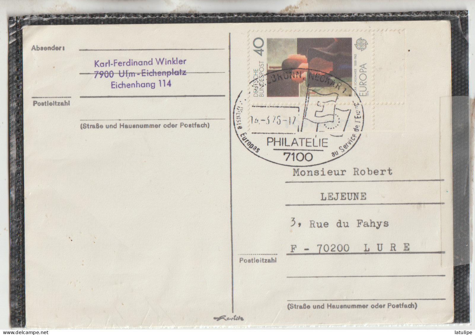 Karl Ferdinand Winkler 7900 Ulm-Eichenplarz Eichenhang 114  Carte  Circulée Timbrée _Adressée A Mr R  Lejeune A Lure 70 - Zu Identifizieren