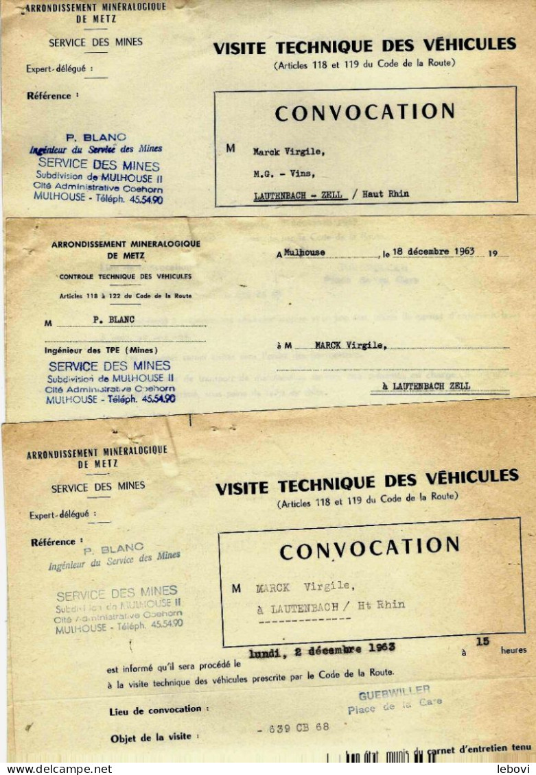 France – MULHOUSE –Contrôle Technique Des Véhicules – 6 Documents (1963) - 1950 - ...