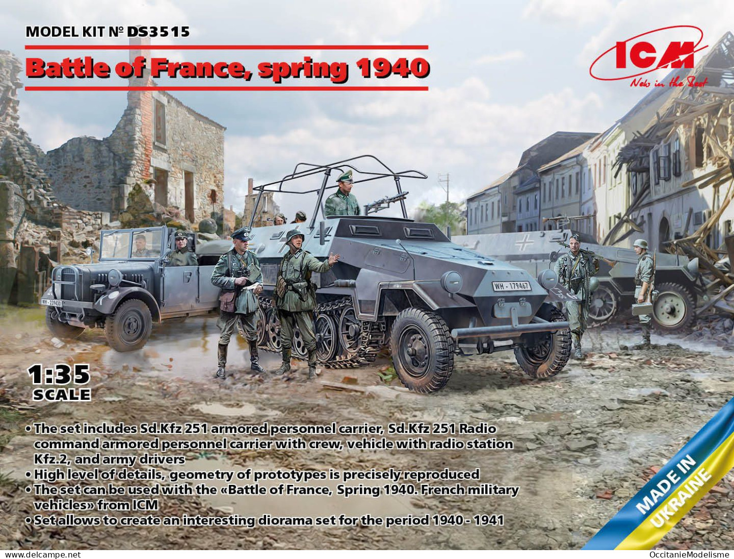 ICM - Coffret Battle of France Sd.Kfz.251 radio + blindé + voiture + 12 fig maquettes réf. DS3515 Neuf NBO 1/35