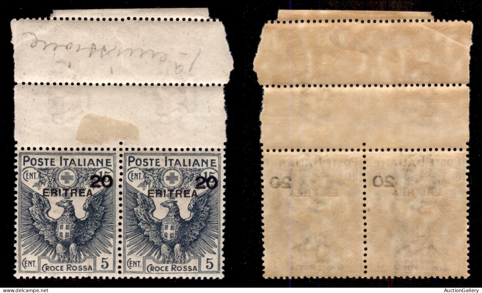 Colonie - Eritrea - 1916 - 20 Cent Su 15 Croce Rossa (43) - Coppia Bordo Foglio - Gomma Integra - Altri & Non Classificati