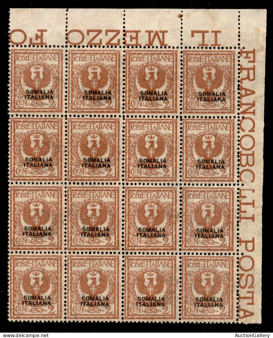 Colonie - Somalia - 1927 - 2 Cent Floreale (92) - Blocco Angolare Di 16 - Gomma Integra - Autres & Non Classés