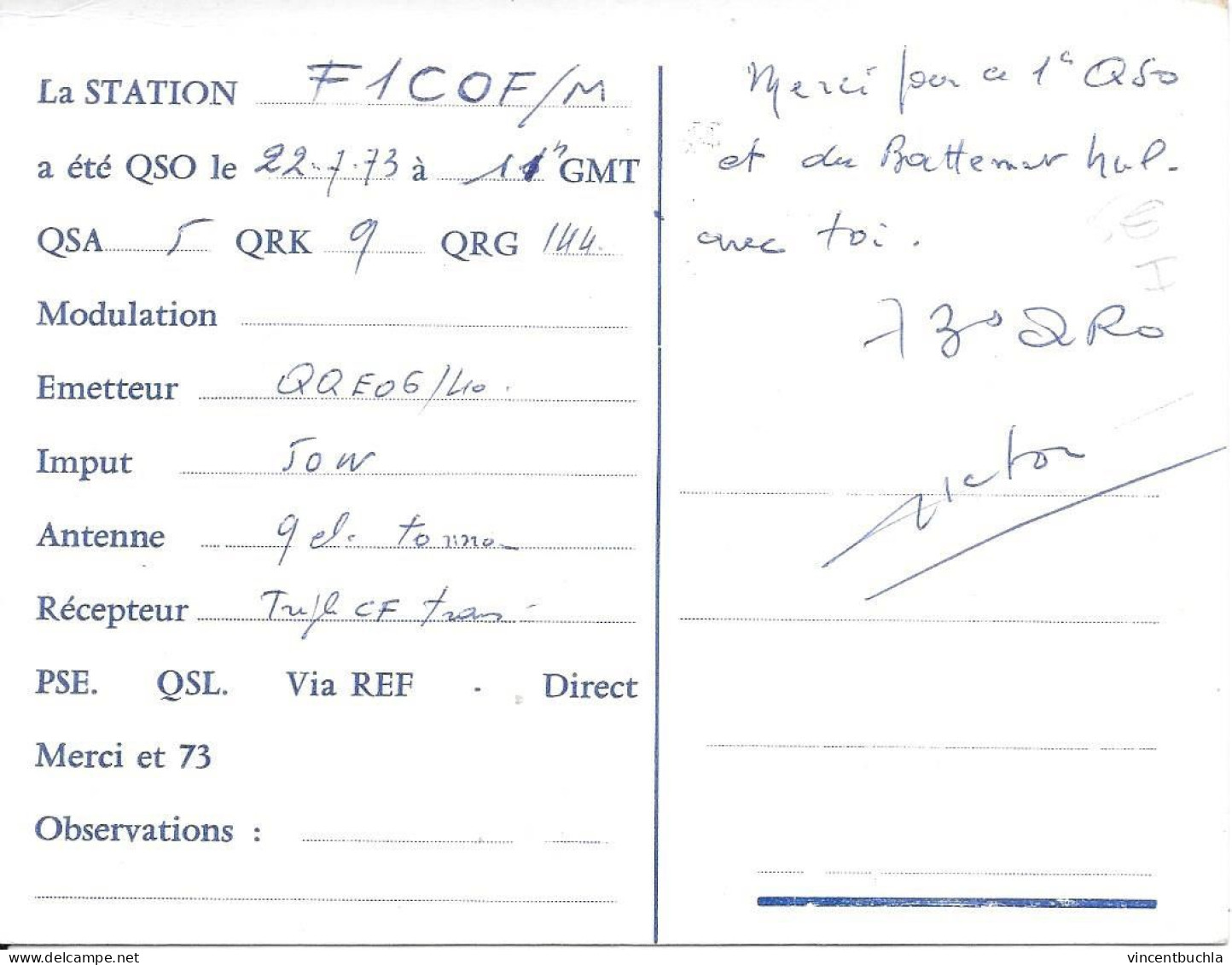 Carte QSL F6 BHH Aubenas En Vivarais 22 Juillet 1973 Victor Blanc France - Radio Amateur