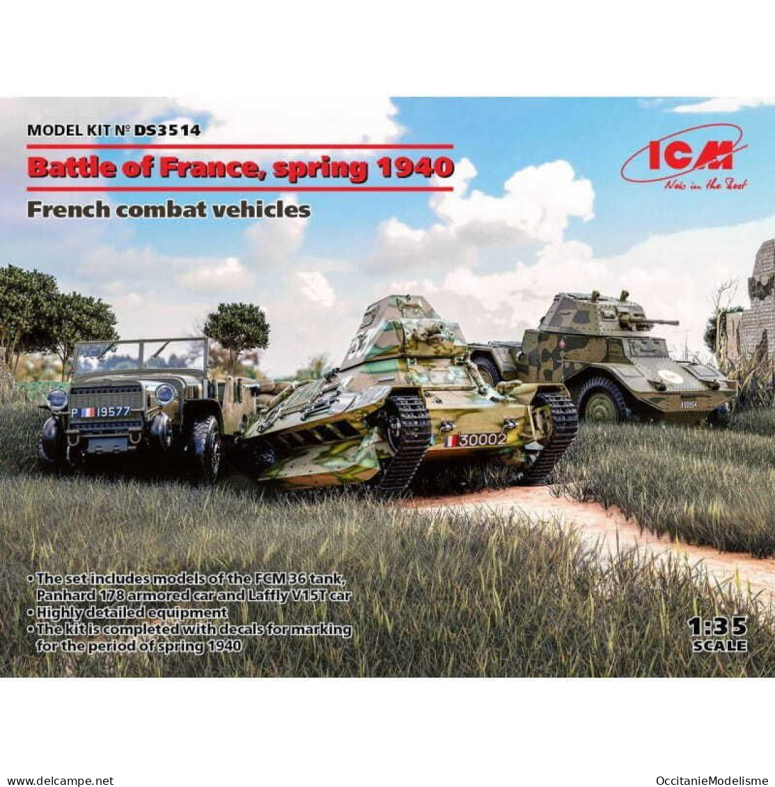 ICM - Coffret Battle Of France Char FCM 36 + Panhard 178 + Laffly V15T Maquettes Réf. DS3514 Neuf NBO 1/35 - Military Vehicles