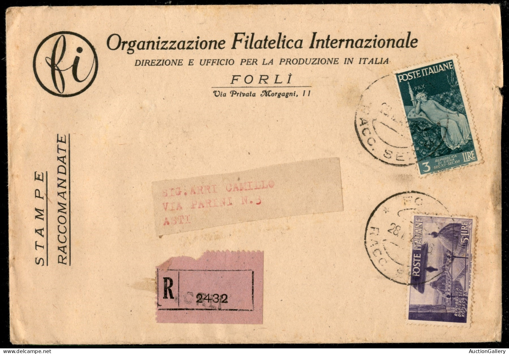Repubblica - Stampe Raccomandate Da Forlì Per Asti Del 28.1.47 Con 3 Lire + 5 Lire Repubbliche Marinare (568 + 570) - No - Otros & Sin Clasificación