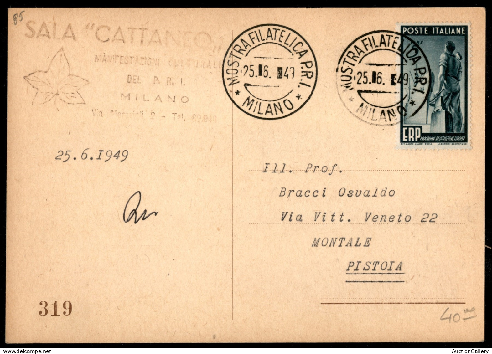 Repubblica - 5 Lire ERP (601) Su Cartolina Con Annullo Mostra Filatelica P.R.I. Milano 25.6.49 - Autres & Non Classés